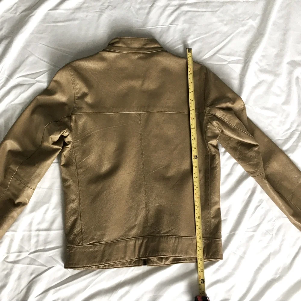 EUC Y2k Hurley tan genuine leather short jacket, satin lining, moto style. - Picture 10 of 13